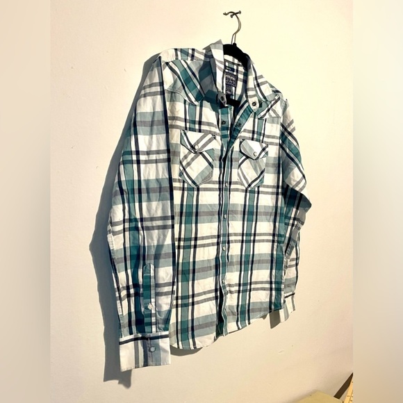 American Rag Mens Western Yoke Cowboy Plaid Shirt Size Small Green White Barn - Picture 2 of 8
